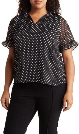 CeCe by Cynthia Steffe Tie Neck Ruffle Yoke Blouse in Black/white Dot at Nordstrom Rack, Size 1X