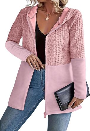 Generic Trendy long-sleeved jacket with hood and zipper for women,Cable Knit Jacket Long Sleeve Textured Cardigan (Light Red,M)