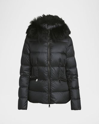 Moncler Boed Hooded Shearling-Trimmed Short Down Jacket