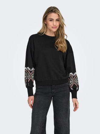 Only Sweatshirt ONLY ONLBROOKE L/S O-NECK FLOWER SWT, Damen, Gr. XS, schwarz detail:ethnic, Sweatware, Obermaterial: 60% Baumwolle, 40% Polyester, regular 