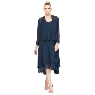 S.L. Fashions Womens Embellished Shoulder and Neck Jacket Dress Special Occasion, Navy, 20 Petite