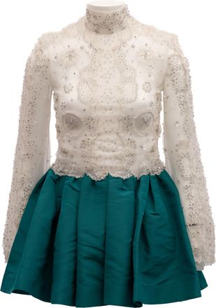 Valentino Garavani White Beaded Lace Mini Dress with Teal Womens Skirt