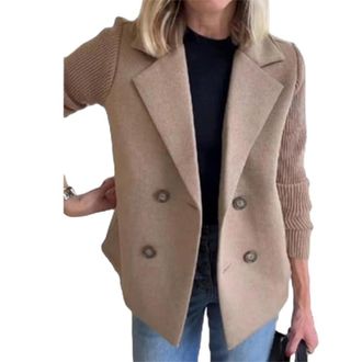 Generic Womens Lapel Button Knitted Patchwork Sleeve Casual Coat, 2025 Fashion Cropped Double Breasted Blazer Sweater for Women (H,XXL)