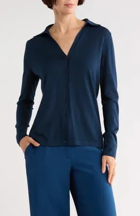 Lafayette 148 New York Cotton & Silk Slim Polo Cardigan in Lido Blue at Nordstrom Rack, Size X-Small