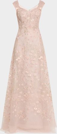 Teri Jon Floral-Embroidered Tulle Gown