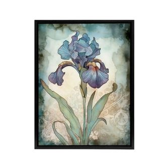 Artery8 Blue Iris Flower Floral Art Nouveau Framed Canvas Wall Art Print | Size: W24 x H32