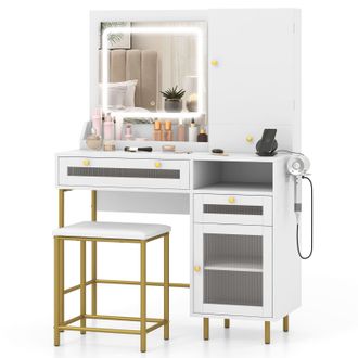 Costway Costway Vanity Set Dressing Table & Chair Set w/3 Lighting Modes & Cabinet in White