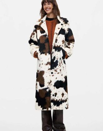 Desigual cappotto dritto con pelliccia animalier bianca-Bianco