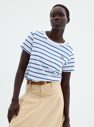 Contemporaine Womens Embroidered heart striped slub T-shirt