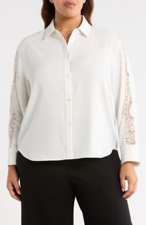 Lyss&eacute; Natasha Lace Trim Button-Up Shirt in Ice at Nordstrom Rack, Size 3X