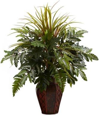 Nearly Natural Mixed Grass & Fern with Decorative Planter in Green at Nordstrom