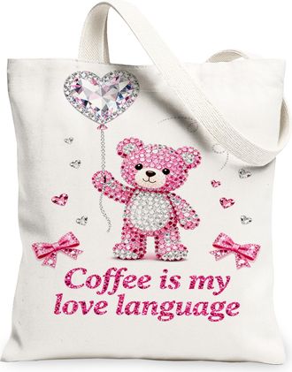 Generic Bear Canvas Tote Bags, Cute Animal Design Reusable Grocery Bags, ValentineS Day Lightweight Washable Shoulder Strap Canvas, White, 13x15 Inch