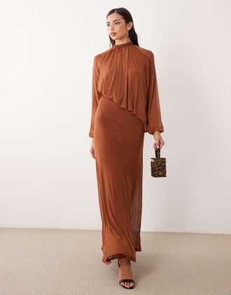 Asos abito lungo drappeggiato con collo alto e blouson color zenzero-Arancione