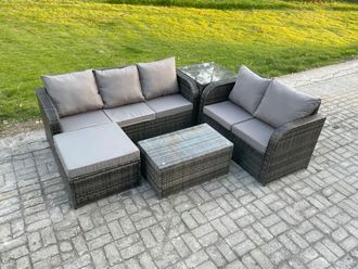 Fimous 6 Seater Rattan Wicker Garden Furniture Patio Conservatory Sofa Set with Rectangular Coffee Table 3 Seater Sofa Big Footstool Side Table