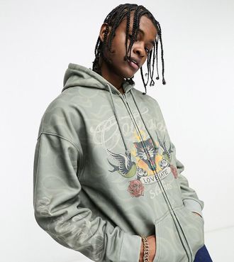 Collusion zip up hoodie with tattoo print in washed green