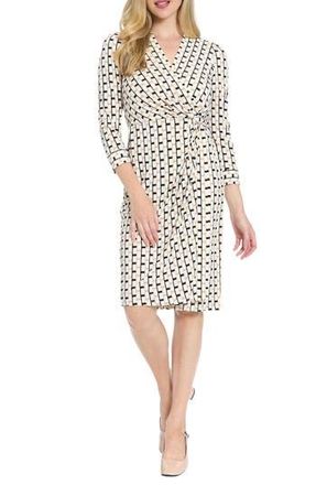 London Times Geometric Print Faux Wrap Dress in Black/Cream at Nordstrom Rack, Size X-Large P
