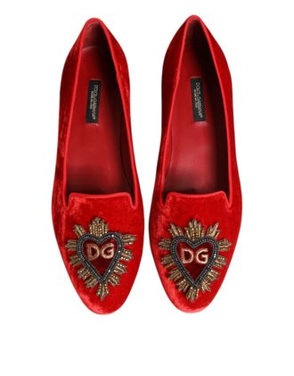 Dolce & Gabbana Womens Velvet Heart-Embellished Flat Red Viscose Silk