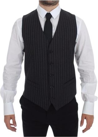 Dolce & Gabbana Grijze Gestreepte Formele Vest - Heren - Gillet - Zwart - M - Wol - Kostuums