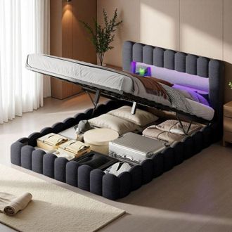 OEM Cama Doble 140x200 - Hidr&aacute;ulica Con Led - Cofre De Almacenamiento - Dise&ntilde;o Moderno Gris - Silenciosa