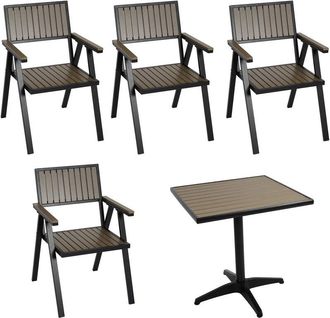 Hhg Nunca Usado] Juego De 4 Sillas De Jard&iacute;n + Mesa De Jard&iacute;n Hhg 861, Silla Mesa, Revestimiento Exterior Gastro, Aluminio Aspecto Madera, Negro, Gris