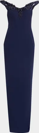 Pamella Roland Embroidered Sleeveless Crepe Column Gown