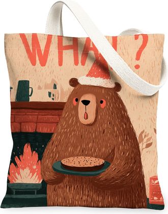 Generic Holiday Bear Canvas Tote Bags, Cute Animal Pattern Reusable Grocery Bags, Winter Cozy Rustic Lightweight Washable Shoulder, Brown, 13x15 Inch