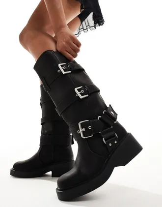 Asos Captain multi-buckle biker knee boots in black