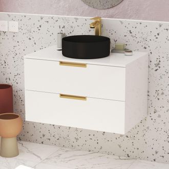 Aurlane Aurlane - Mueble De Ba&ntilde;o 80cm Blanco Y Oro Dorado - 2 Cajones - Lavabo Redondo Negro
