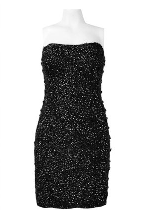 Theia Strapless All Over Rhinestone And Bead Detail Mesh Dress In Black
