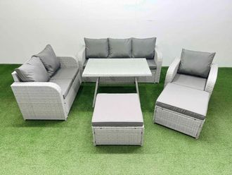 Fimous Patio Dining Table & Chairs Set with Reclining Chair 2 Big Stool in Light Grey
