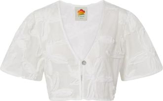 Farm Rio Farm Rio Womens Embroidered Short Sleeve Buttoned Blouse in Coast Shell