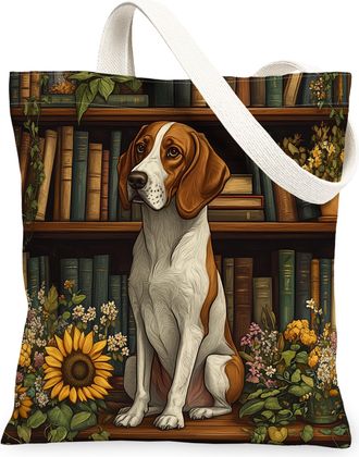 Generic Spring Coonhound Dog Canvas Tote Bag for Shopping 13x15, Flower Bookshelf Puppy Reusable Grocery Print Bag for Women, Fun Pet Beach Aesthetic Painting
