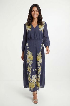 Wallis Womens Floral Lace Trim Midi Dress - Navy Viscose - Size 18 UK