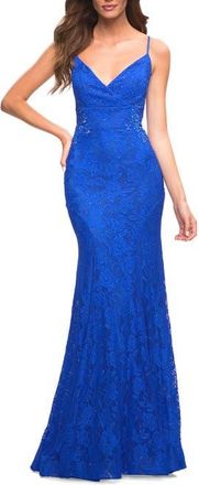 La Femme Lace Gown with Sheer Lace Applique Side Panels in Royal Blue at Nordstrom, Size 6