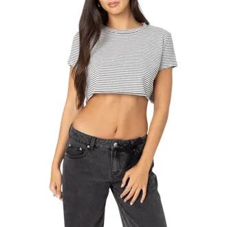 Edikted Stripey Crop T-Shirt in White-And-Black at Nordstrom, Size Medium