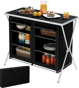 Woltu Woltu - Camping Table with Cupboard,6 Storage Compartments, Black