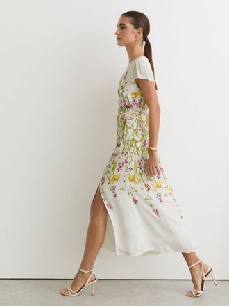 Reiss Cream & yellow Floral-print Belted Midi Dress, 10