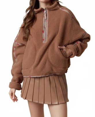 Peach Love California Ditsy Floral Half Zip Sherpa Jacket In Camel