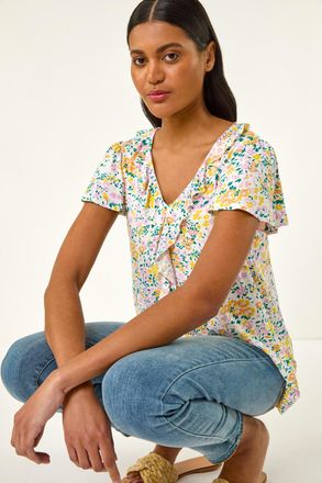 Roman Floral Print Ruffle V-Neck Top