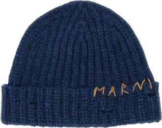 Marni Accessoires, Heren, Blauw, L, Wol, Geribbelde Beanie met Handgeborduurd Logo