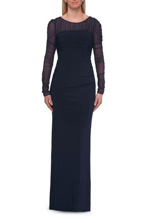 La Femme Long Sleeve Sheer Net Jersey Gown with Ruching in Navy at Nordstrom, Size 10
