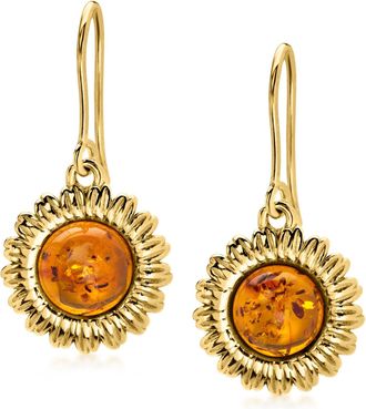 Ross-Simons Amber Sunflower Drop Earrings in 18kt Gold Over Sterling