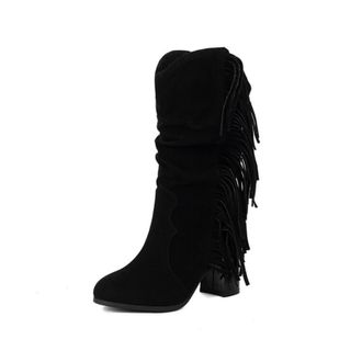 Generic Womens Pull on Slouch Mid-Calf Boots Block Heel Western Cowboy Boots Round Toe Wide-Calf Boot with Tassel,Black,6.5 UK
