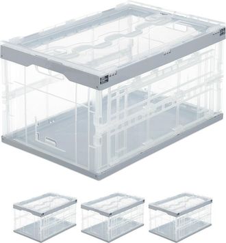 Relaxdays 4 Cajas De Almacenaje Con Tapa Plegables, Pl&aacute;stico, 31.5 X 59.5 X 39.5 Cm, Transparente Y Gris