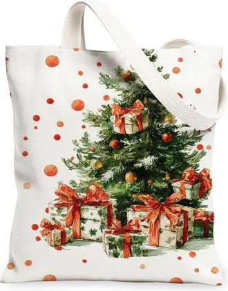 Generic Festive Canvas Tote Bags, Vintage Christmas Tree Pattern Lightweight Washable Shopping Bags for Holiday Gifts, Grocery, Beach 13x15 Inch
