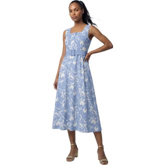 Jessica London Belted Linen Midi Dress in Azure Tropical Garden at Nordstrom, Size 22