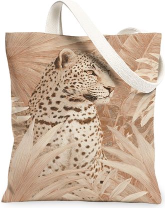 Generic Leopard Botanical Canvas Tote Bags, Animal Plant Pattern Reusable Grocery Bags, Summer Tropical Lightweight Washable Should, Beige, 13x15 Inch