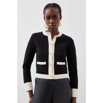 Karen Millen Cotton Cropped Knit Boxy Cardigan in Mono at Nordstrom, Size Medium