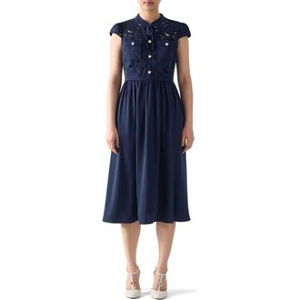 L.k. Bennett Paige Bow Detail Mixed Media Dress in Navy at Nordstrom Rack, Size 12 Us / 16 Uk