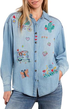 BILLY T Moonflower Embroidered Shirt in Pure Denim at Nordstrom, Size X-Large